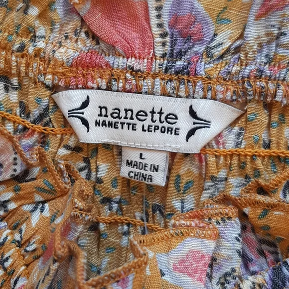 Nanette Lepore Burnt Orange Floral Print Ruched Ruffle Bottom Top, Large, NWT - Picture 5 of 12